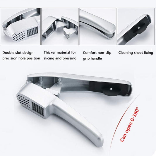 Garlic Press, 2 in 1 Minced Garlic And Garlic Slices, Garlic Cleaning Brush And Silicone Tube Peeler. Easy To Squeeze, Rust Proof, Easy To Squeeze And Clean, Easy To Clean (Silver)