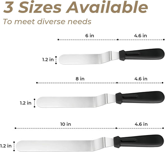 Icing Spatula Set of 3, Angled Cake Spatulas with 6, 8 & 10 Inch Stainless Steel Blades, Professional Frosting Spatulas with Ergonomic Handle for Cake Decorating, Baking & Pastry
