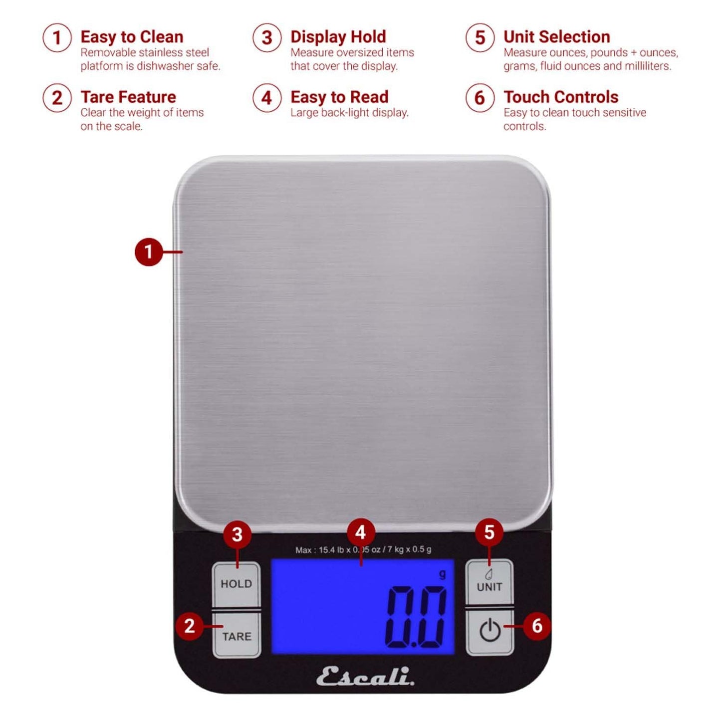 Escali Nutro Digital Food Scale, Multi-Functional Kitchen Appliance, Precise Weight Measuring and Portion Control, Baking and Cooking Made Simple, Stainless Steel Platform, Black, 1 Unit