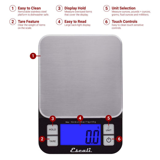 Escali Nutro Digital Food Scale, Multi-Functional Kitchen Appliance, Precise Weight Measuring and Portion Control, Baking and Cooking Made Simple, Stainless Steel Platform, Black, 1 Unit