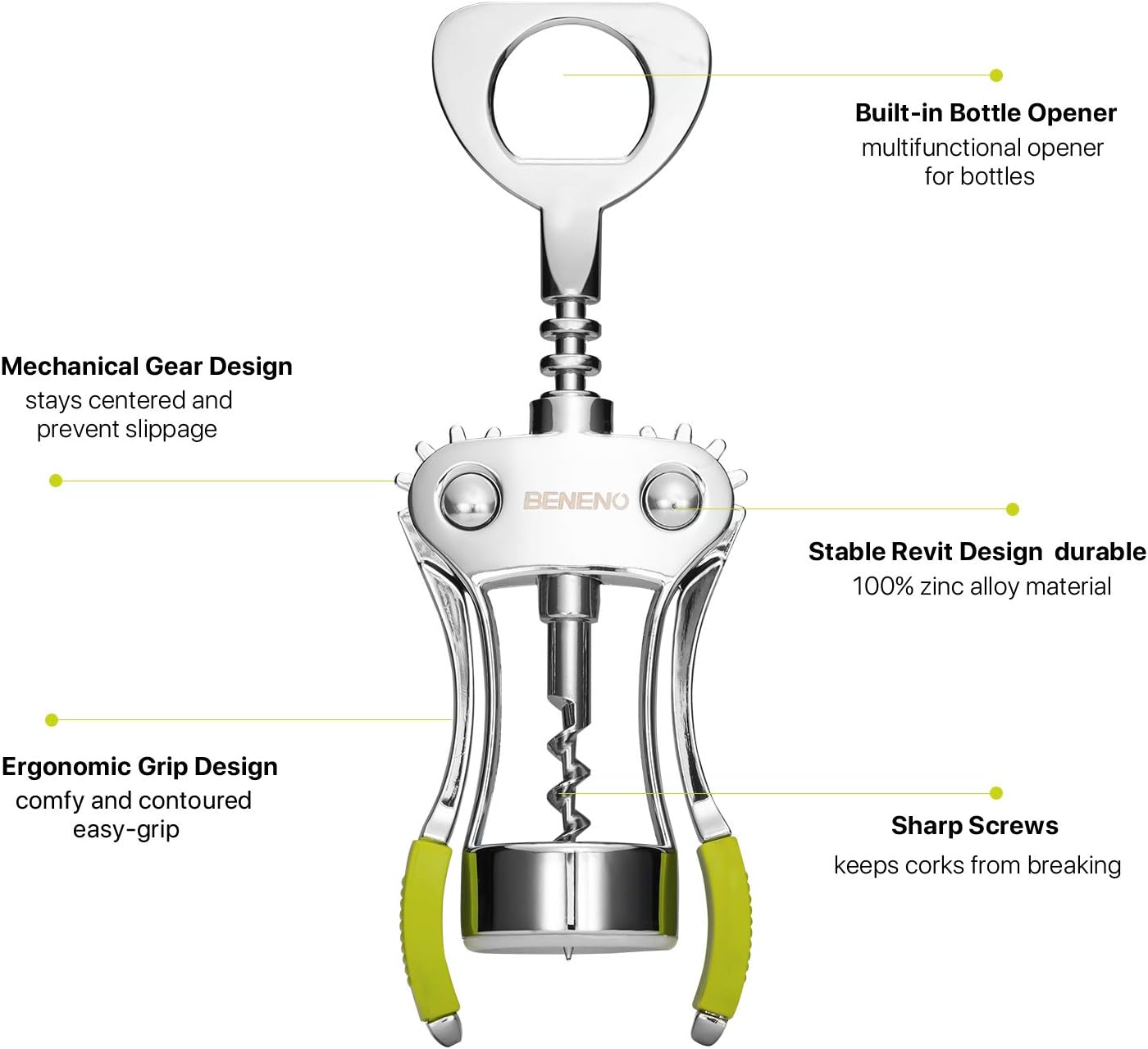 Beneno Wine Opener, Zinc Alloy Premium Wing Corkscrew with Multifunctional Bottles Opener, Sharp Wine Corkscrew with Ergonomic Non-Slip Wing Handle, Silver
