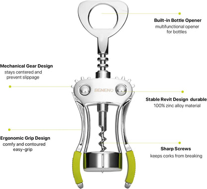 Beneno Wine Opener, Zinc Alloy Premium Wing Corkscrew with Multifunctional Bottles Opener, Sharp Wine Corkscrew with Ergonomic Non-Slip Wing Handle, Silver
