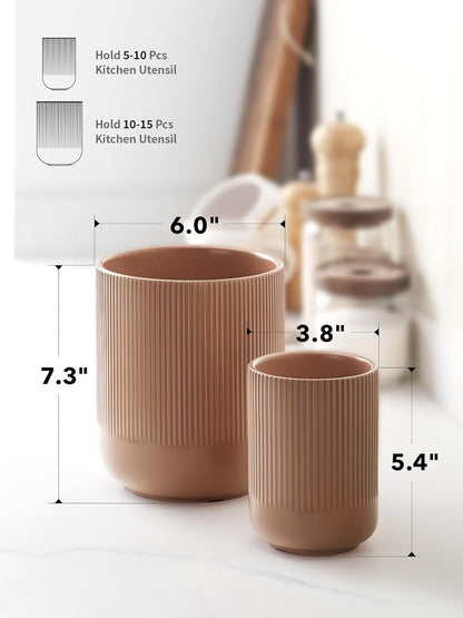 LE TAUCI Utensil Holder for Kitchen Counter, 7.3"+5.4" Fluted Ceramic Utensil Crock Organizer for Countertop, Heavy Large Holder for Spatulas, Spoons, Set of 2, White, Kitchen Counter Decor