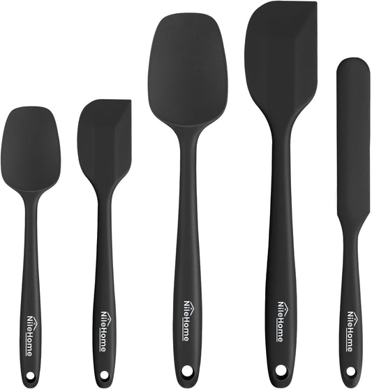 NileHome Silicone Spatula Set, 5 Pieces Food Grade Kitchen Utensils with Silicone Brush Heat Resistant BPA-free Rubber Spatula for Scraping, Baking, Cooking, Mixing—Black