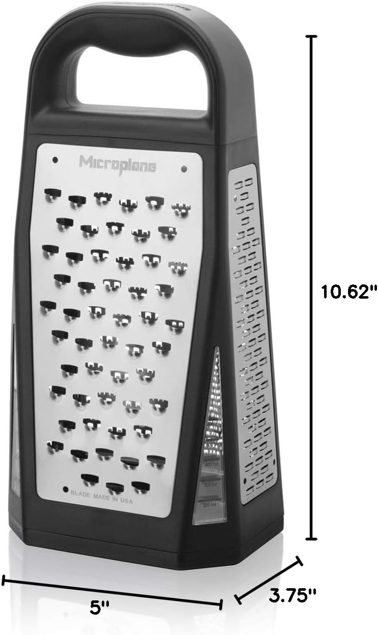 Microplane Elite Five Blade Box Grater with Measuring Cup Base, Five Grating Surfaces Including Fine, Coarse, Double-Sided Ribbon, Ultra-Coarse, and Slicer - Black