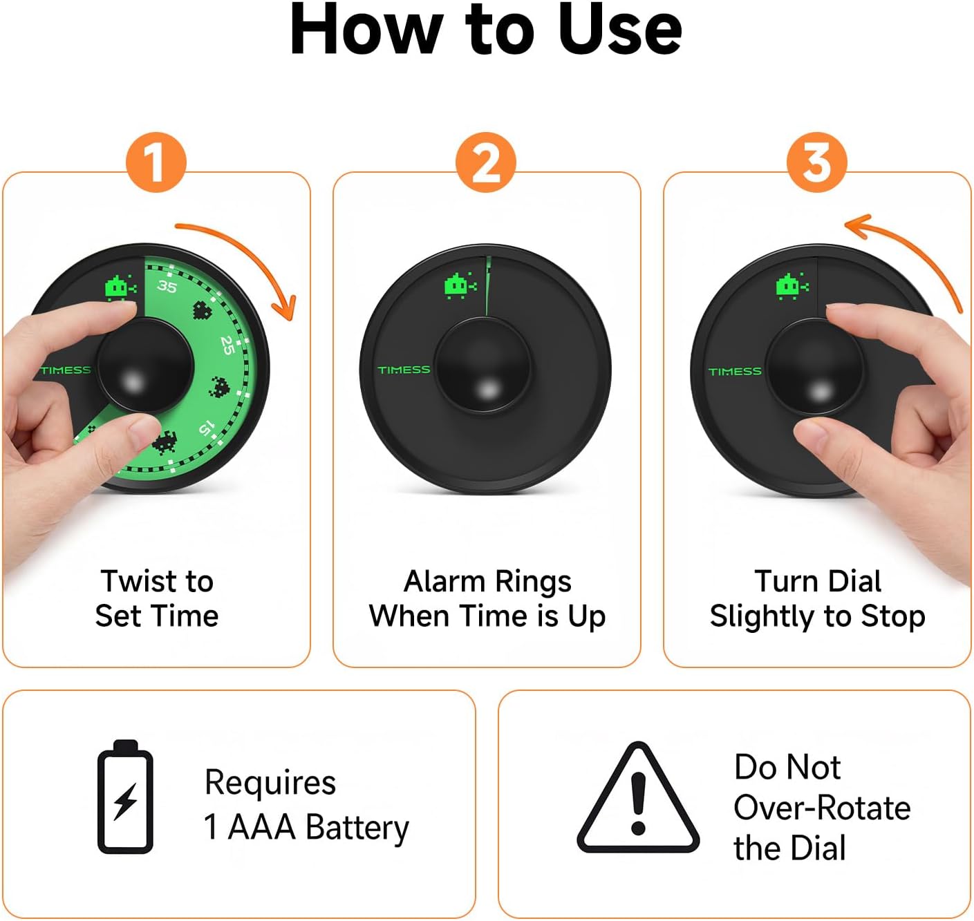 60-Minute Visual Timer, Twist to Set, Loud Battery-Powered Alarm, High-Visibility Rotary Countdown Dial for Kitchen, Work, Study & Time Management (Orange)