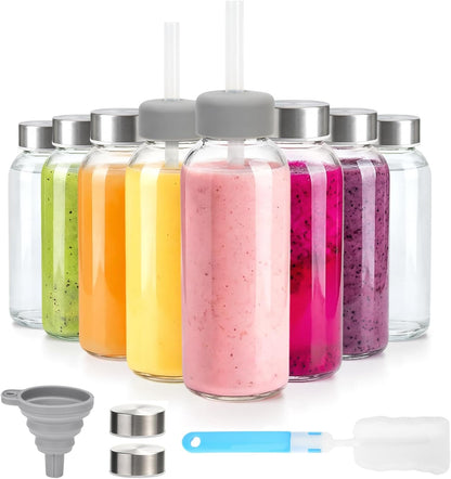 Zukro 12 oz Glass Juice Bottles with Lids & Straw, Airtight & Leak proof, Reusable Clear Small Bottle With Stainless Steel Cap for Juicing, Water, Smoothie & Milk, Dishwasher Safe & BPA Free, 12 Pack