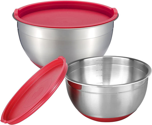 MARSKITOP Stainless Steel Mixing Bowls with Lids Set, Nesting Mixing Bowls with Airtight Lids, Measurement Marks and Red Non-Slip Bottoms, Great for Mixing and Serving, 1.5QT & 3QT & 5QT