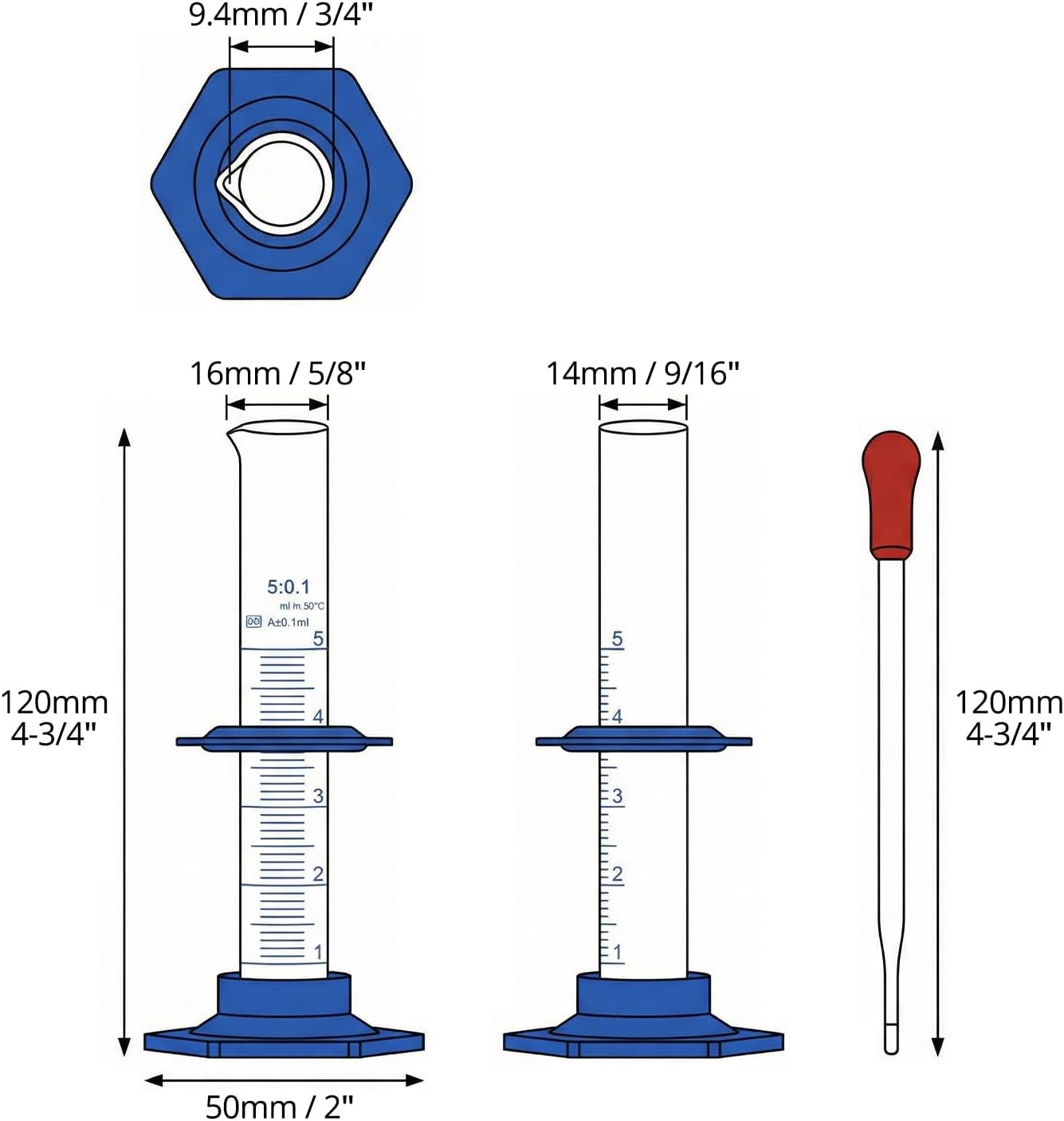 QWORK Thick Glass Graduated Cylinder 5ml Measuring Cylinder, with Plastic Base and Bumper Guards 3.3 Borosilicate Glass Lab Cylinder for Liquid Measurement with Glass Dropper