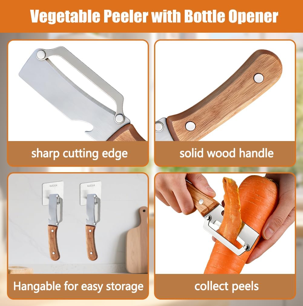 3PCS MultiFunctional Vegetable Peeler, 2 in 1 Stainless Steel Vegetable Peeler with Wooden Handle and Bottle Opener, Sharp Veggie Peeler, Peelers for Kitchen, Fruit Apple Potato Pumpkin Papaya