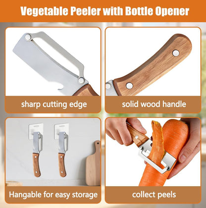 3PCS MultiFunctional Vegetable Peeler, 2 in 1 Stainless Steel Vegetable Peeler with Wooden Handle and Bottle Opener, Sharp Veggie Peeler, Peelers for Kitchen, Fruit Apple Potato Pumpkin Papaya