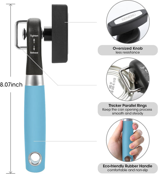 Beneno Can Opener, Manual Side Safe Cut Can Opener Smooth Edge with Durable Sharp Blade, Effort-Saving Knob & Comfortable Non-slip Handle, Brown