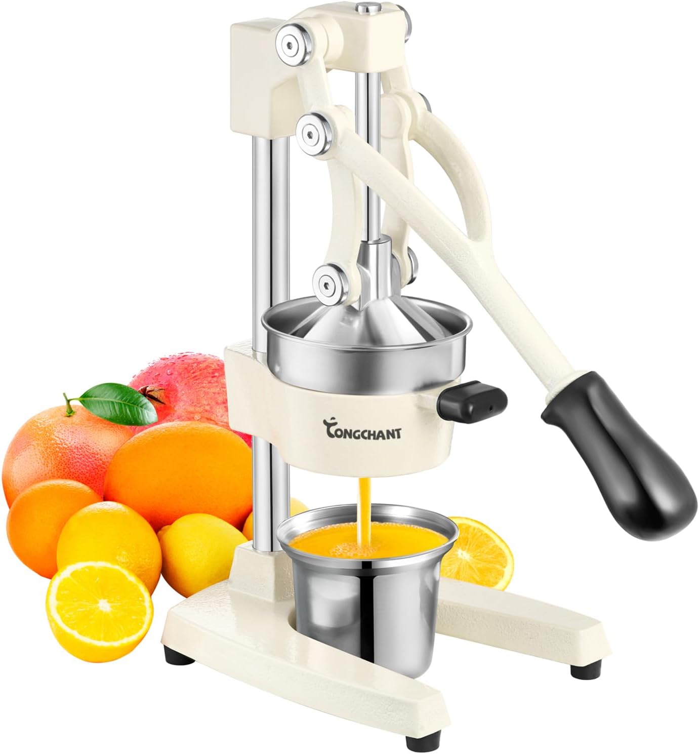 TONGCHANT Manual Juicer, Heavy Duty Cast Iron Juicer | Hand Press Juicer for Orange Lemon Lime Pomegranate & Citrus Fruits, High Leverage for Easy Juicing, Stainless Steel Cup, Easy to Clean, Black