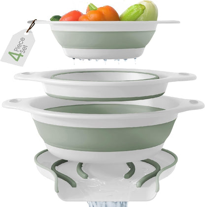Gevoli Collapsible Colanders with Self-Draining Base for Edge of Sink, Food Strainers (Small/Med/Large), Nested Design for Easy Storage (Red, Blue, Green) (4PC Set)