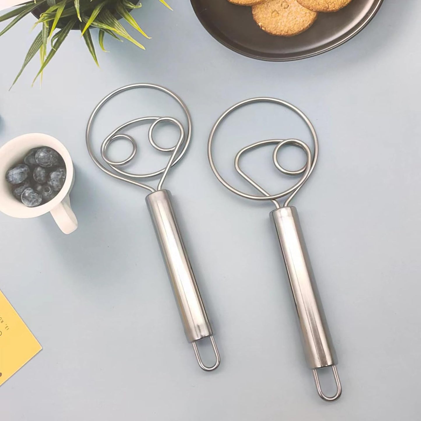 2 Pack Dough Whisk Stainless Steel Pastry Blender Whisks for Cooking, Dutch Style Bread Whisk Dough Mixer Hand Tool for Bread Batter Cake Pastry, Silver