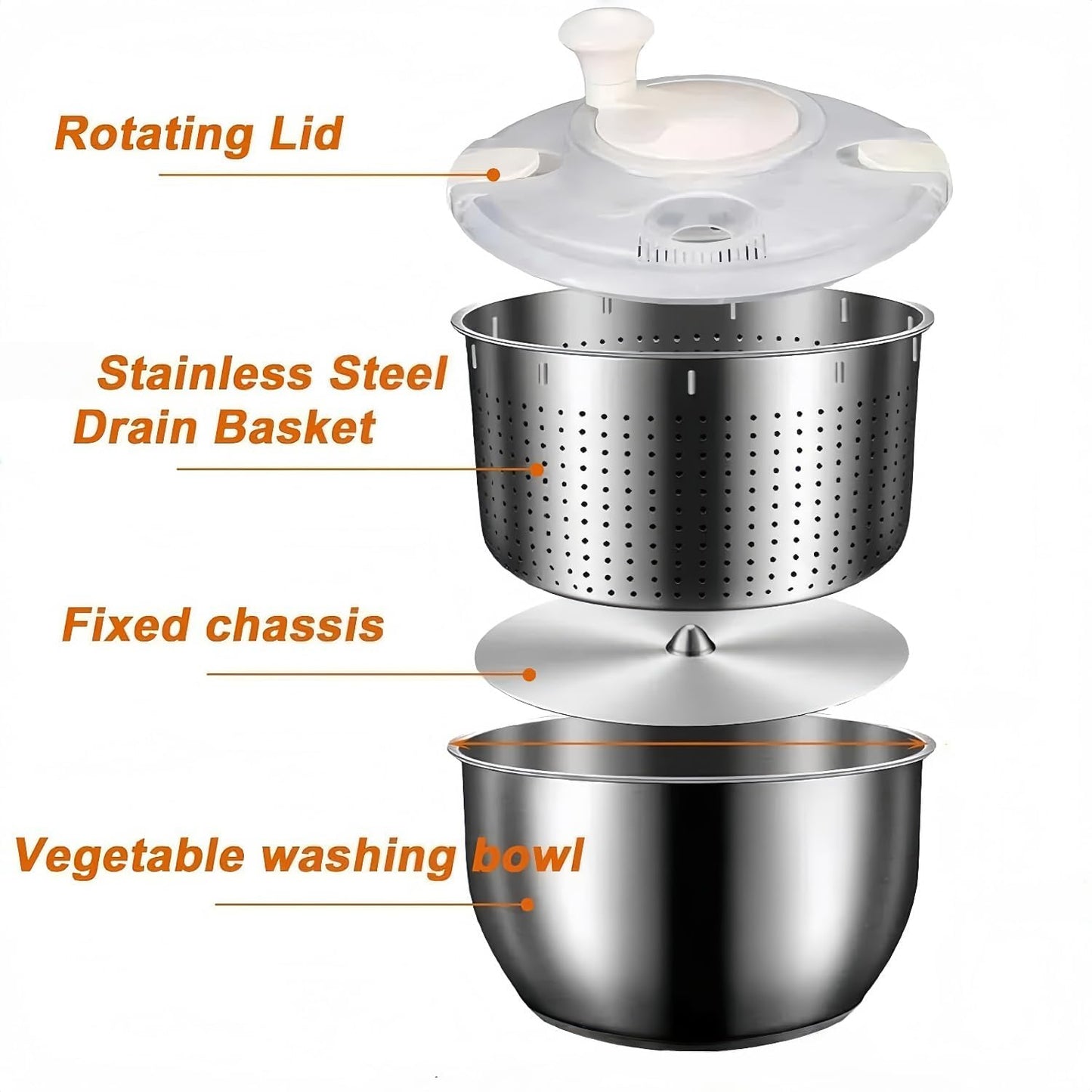 6L Stainless Steel Salad Spinner - Quick Spin Dryer for Vegetables, Lettuce, Fruit and Pasta, Commercial and Household Essential Kitchen Utensil