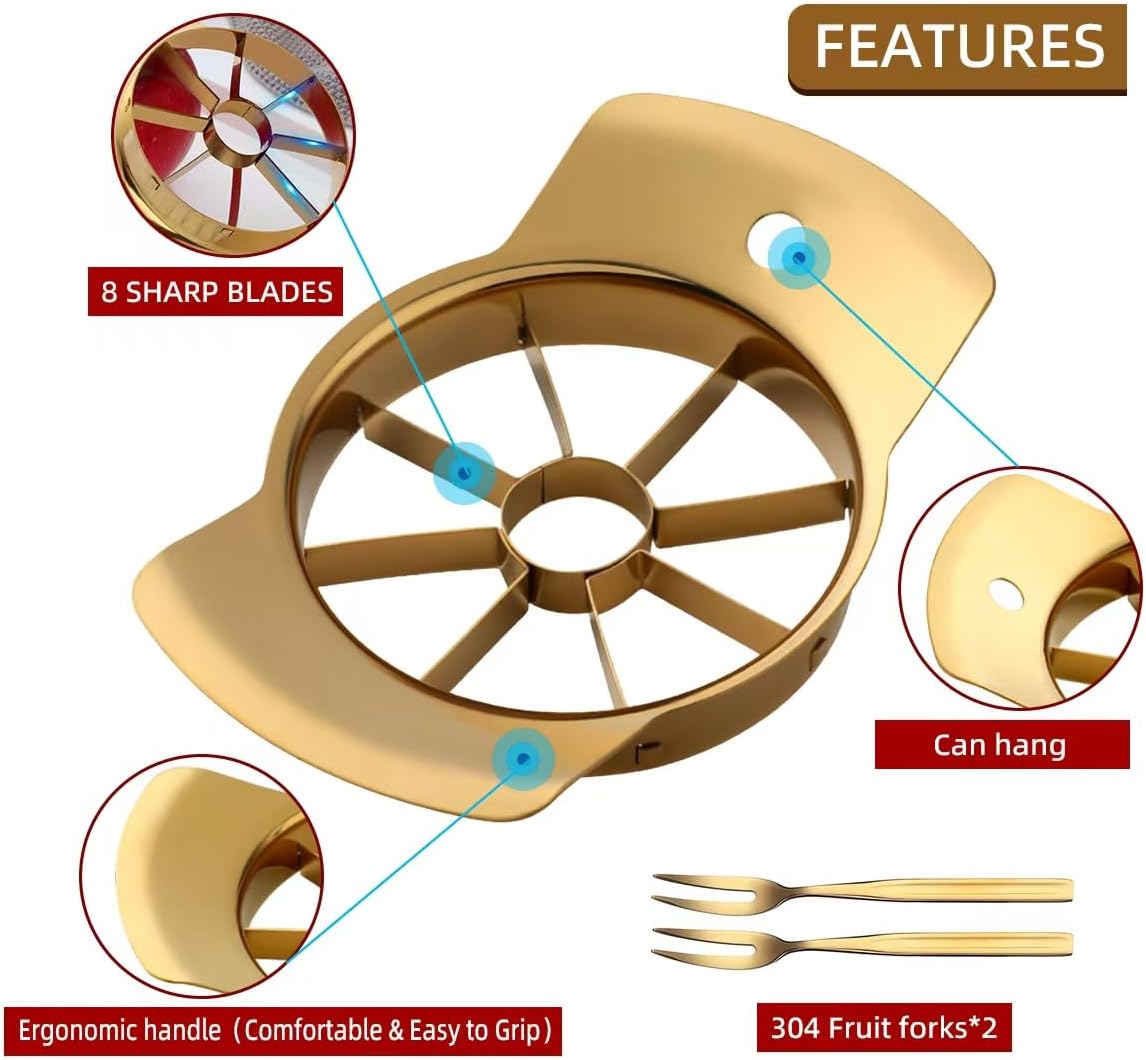 Fruit Slicer, QRU 304 Stainless Steel Fruit Cutter 8 Slices, Corer for Fruits & Vegetables, Ergonomic Handle Easy Grip Pears Divider, Sturdy and Sharp, Dishwasher Safe (Gold)