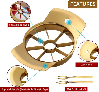 Fruit Slicer, QRU 304 Stainless Steel Fruit Cutter 8 Slices, Corer for Fruits & Vegetables, Ergonomic Handle Easy Grip Pears Divider, Sturdy and Sharp, Dishwasher Safe (Gold)