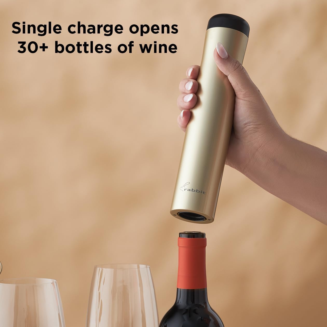 Rabbit Automatic Electric Corkscrew Wine Opener, Cordless Rechargeable, One-Touch Operation, Sleek Shiny Black Finish, Easy to Use for Wine Lovers