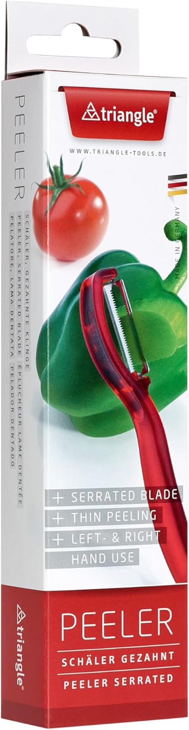 triangle Swivel Peeler, Red - Stainless Steel Serrated Twin Blade - Peels Soft, Delicate Fruits & Vegetables - Lightweight Handle - Dishwasher Safe - Made in Germany