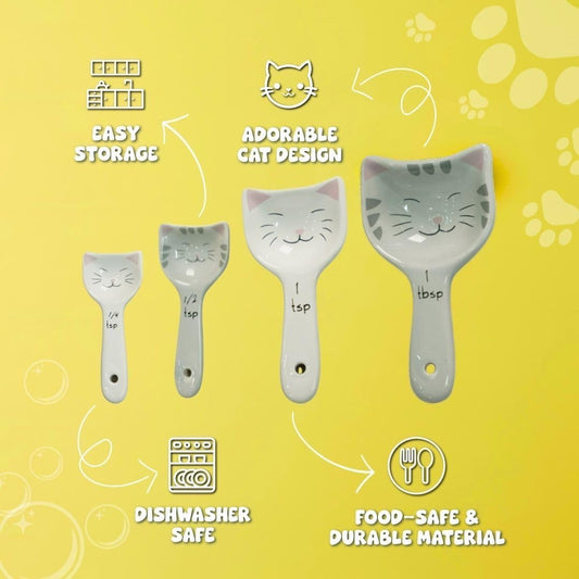 Charming Cat Measuring Spoons Set, Fun & Cute Kitchen Accessories for Cat Mom Gifts, Kitty Decorative Themed Gifts for Cat Lovers, Ceramic Teaspoon Measuring Spoons as Baking Gifts for Women, Set of 5