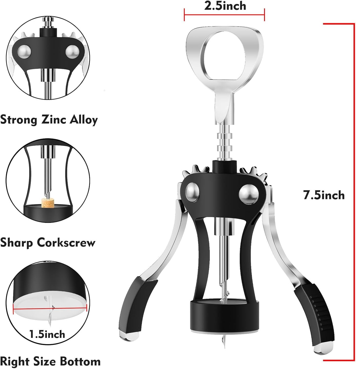 KORCCI Wine Opener, Heavy-Duty Zinc Alloy Wing Corkscrew, Premium Beer Bottle Opener, Multifunctional Wine Accessories with Ergonomic Handle and Sharp Screw, for Kitchen, Bar, Restaurant (SILVER)