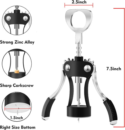 KORCCI Wine Opener, Heavy-Duty Zinc Alloy Wing Corkscrew, Premium Beer Bottle Opener, Multifunctional Wine Accessories with Ergonomic Handle and Sharp Screw, for Kitchen, Bar, Restaurant (SILVER)