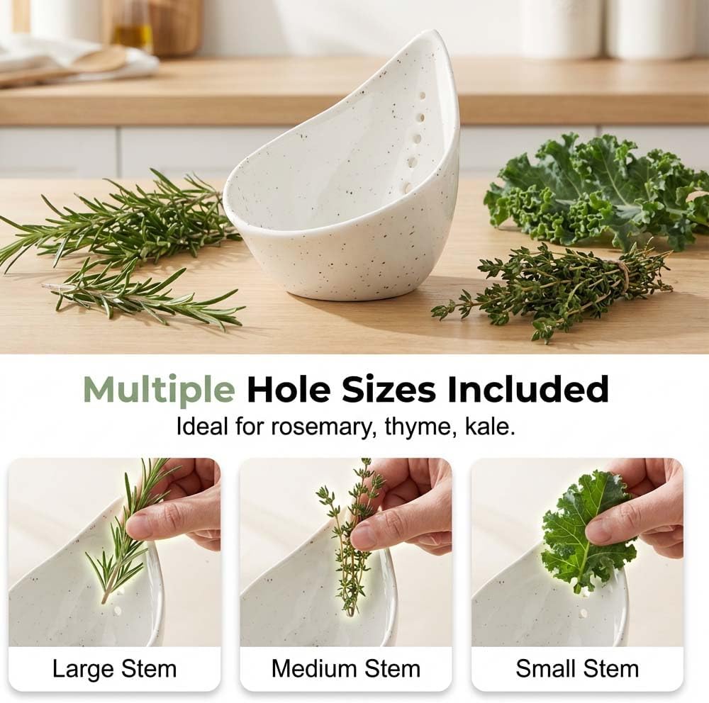 Herb Stripper Bowl, 2026 NEW Ceramic Herb Peeling Bowl with Multi-Size Holes, Pottery Leaf Stripping Tool for Kitchen, Fast Herb Removal for Kale, Basil, Rosemary, Cilantro, Parsley (White)