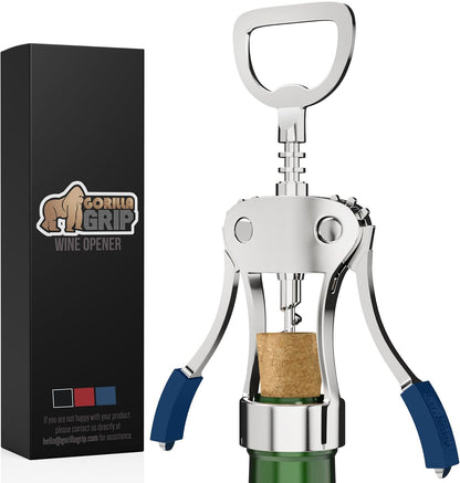 GORILLA GRIP BPA-Free Premium Wine Opener, Easy to Use Smooth Zinc Alloy Wing Corkscrew, Multifunctional Bottle Openers Remove Corks, Caps, Sharp Cork Screw, Dishwasher Safe, Bar Essentials, Black