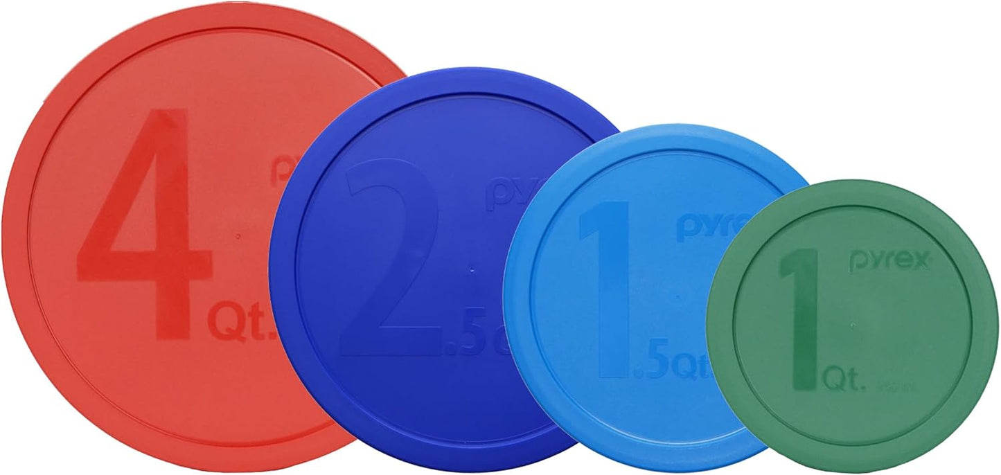 Pyrex (1) 322-PC Green, (1) 323-PC Orange, (1) 325-PC Blue, and (1) 326-PC Red Mixing Bowl Lids (FOR PYREX MIXING BOWLS ONLY) - Made in the USA