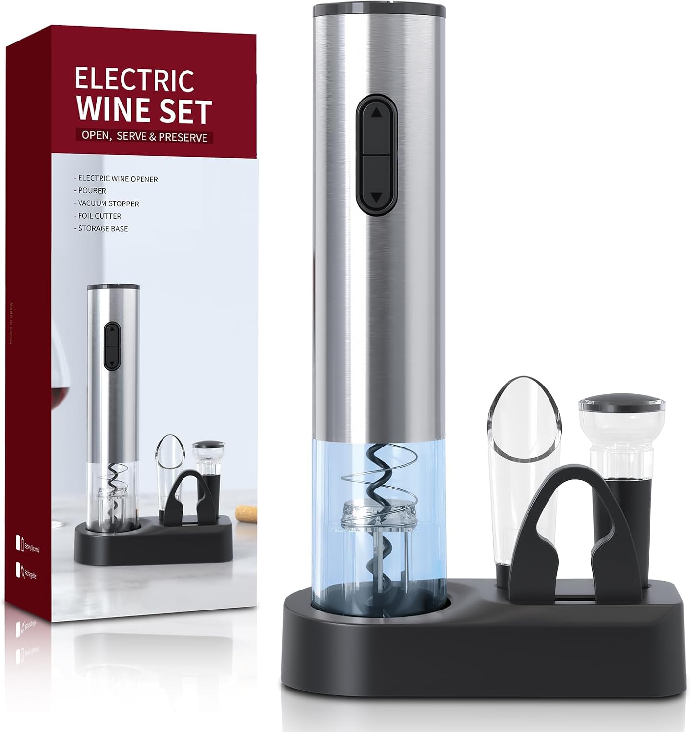 Liuzouwin5-in-1 ElectricWine Bottle Opener Set Battery Operated Reusable Corkscrew with Storage Base, Foil Cutter, Wine Pour& Wine Stopper (Silver)