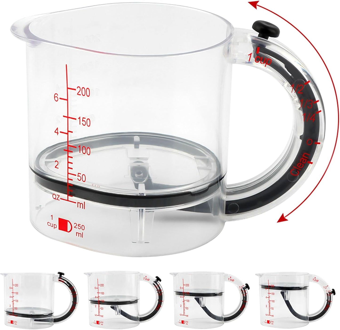 4-in-1 Adjustable Measuring Cup, Multi-Functional Measuring Cup with Adjustable Base & Scraper-Style Seal Base, Space-Saving Easy to Clean for Cooking and Baking & Ingredients