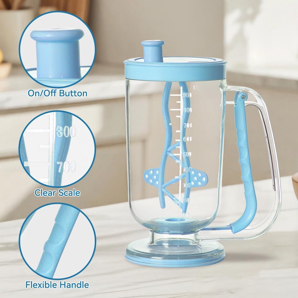 Pancake Batter Dispenser with Built-in Mixer Handle - No-Drip Handheld Funnel for Pancakes, Baking, Waffles, Cupcakes & Muffins - Easy Squeeze Baking Tool for Perfect Portions