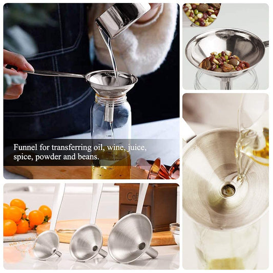 3 in 1 Metal Funnels for Filling Bottles Stainless Steel Small Kitchen Funnel Set for Transferring Essential Oils Liquid Fluid Spice Dry Ingredients Powder, Durable (‎Long-Handled Funnel)