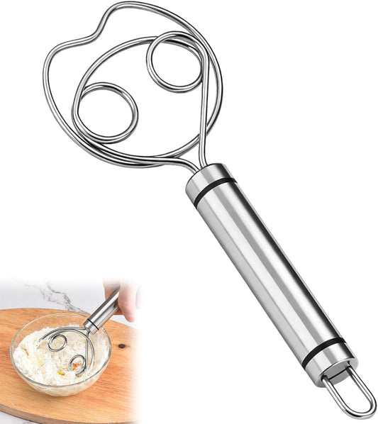 1PCS Stainless Steel Danish Whisk & Bread Whisk - 304 Steel Egg Beater & Dough Mixing Tool with Double Coil - Professional Baking Tool for Pastry & Bread Making