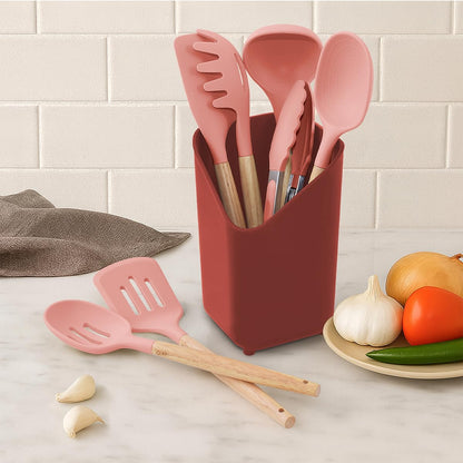 Glad Silicone Kitchen Utensils Set, 8pcs - Nonstick Cooking Tools with Wooden Handles and Utensil Holder - Spatula Set with Turner, Ladle, Spoons, Tongs, and Spaghetti Server - Beige