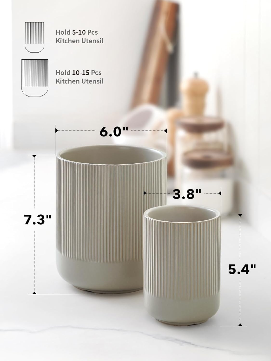 LE TAUCI Utensil Holder for Kitchen Counter, 7.3"+5.4" Fluted Ceramic Utensil Crock Organizer for Countertop, Heavy Large Holder for Spatulas, Spoons, Set of 2, White, Kitchen Counter Decor
