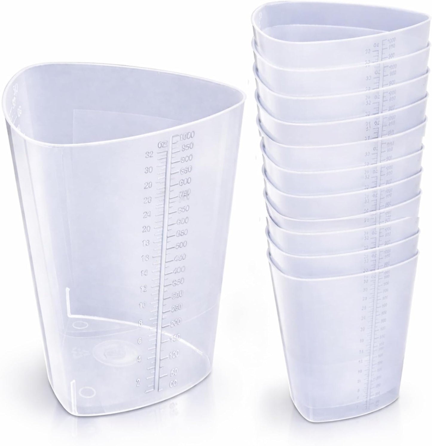 Vakly Plastic Graduated Triangular Intake Output Container [5 Pack] 32 ounce Three-Sided Translucent Laboratory Beaker for Measuring & Mixing - Clear Markings in oz & cc - for Specimen, Paint & Epoxy