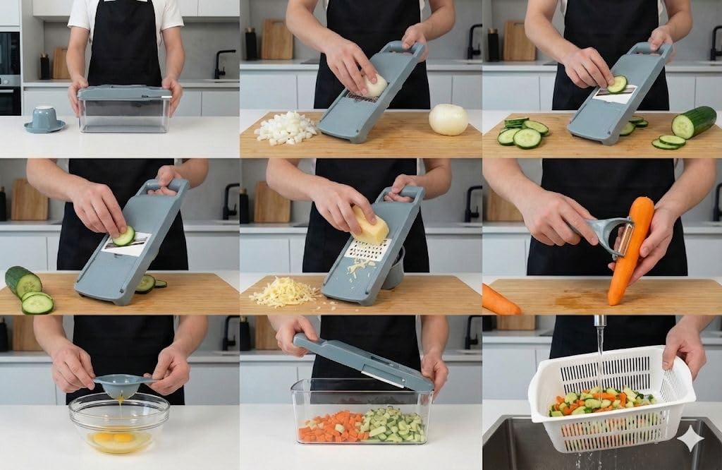 Kalmat Dynamics Food Chopper and Vegetable Slicer, 16-in-1 Multi-Function Kitchen Chopper with 7 Blades and Container, Free Black Cooking Apron (Pink+White)