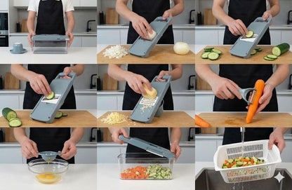 Kalmat Dynamics Food Chopper and Vegetable Slicer, 16-in-1 Multi-Function Kitchen Chopper with 7 Blades and Container, Free Black Cooking Apron (Pink+White)