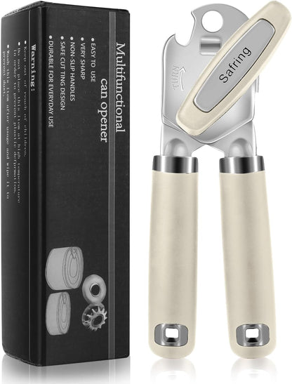Safring Can Opener Manual, Heavy Duty Handheld Strong Can Opener with Soft Touch Handle, Sharp Blade Smooth Edge, Can Openers with Multifunctional Bottle Opener, Black
