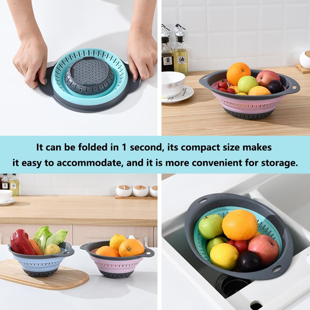 Collapsible Colander and Strainer,Silicone Strainer Colanders & Food Strainers,for Vegetable and Fruit, Kitchen Essentials (2, Blue, 1.3L+2.5L)