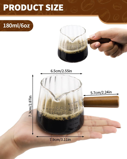 2 Pack Espresso Measuring Cup, 6oz Borosilicate Glass Espresso Cups with Wood Handle, V-Shaped Spout Milk Frothing Cup for Coffee, Tea, Syrup – Dishwasher Safe