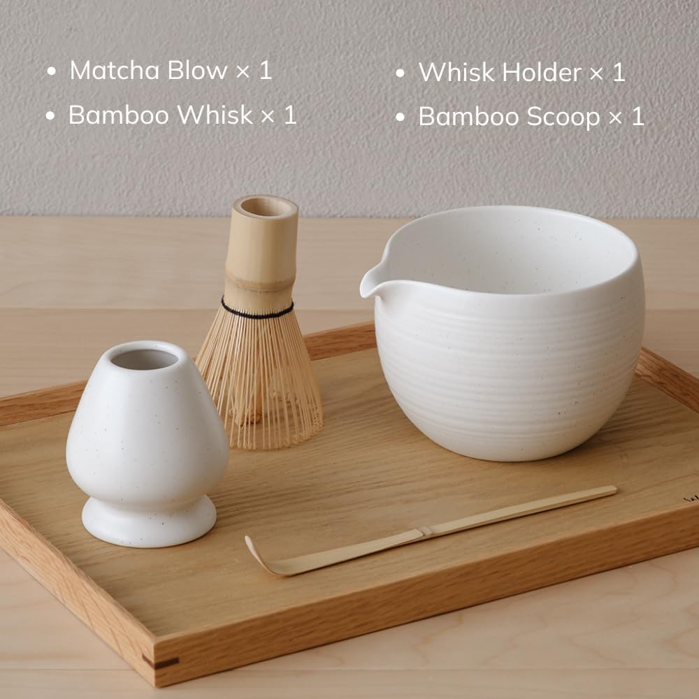 Matcha Whisk Set, Ceramic Matcha Bowl & Whisk Holder, Bamboo Accessory, Modern Design (Matte Crème, Pouring Spout) (Matte Crème)