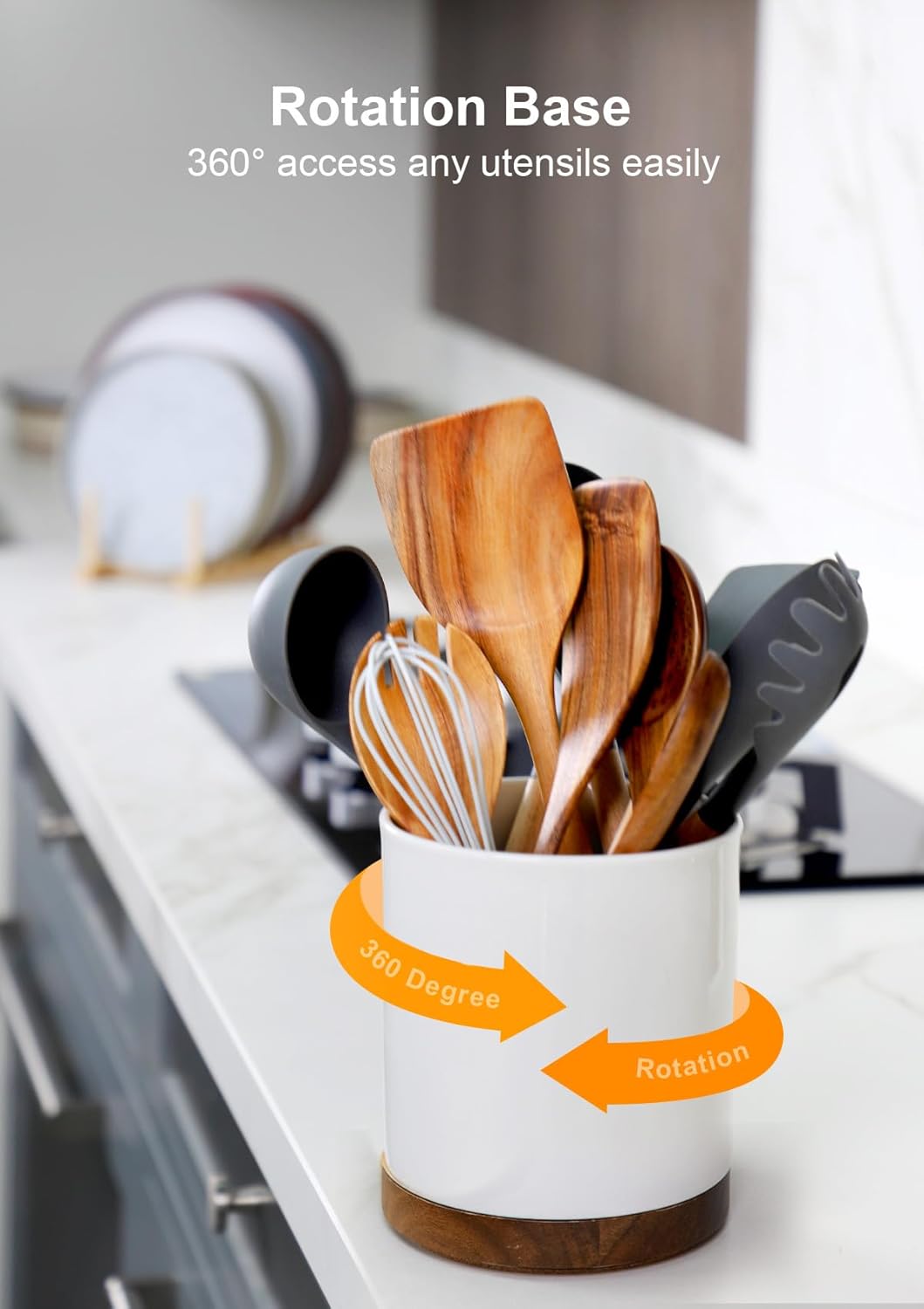Nucookery 360°Rotating Utensil Holder, 7.2" Large Utensil Crock Countertop, Black Ceramic Cooking Utensil Organizer,Spatula Spoon Holder,Farmhouse Kitchen Decor Christmas Gift (Stone Black)