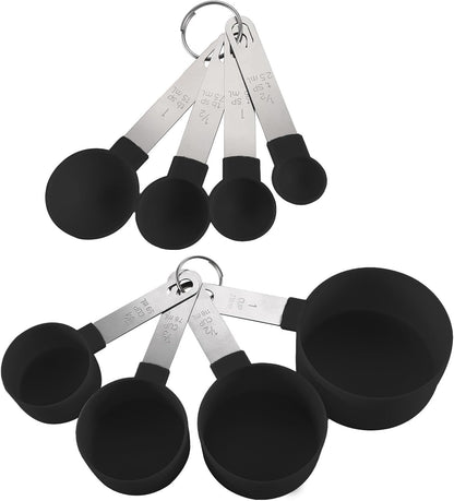 Plastic Measuring Cup & Spoon Set – 8-Piece with Stainless Steel Handles, Stackable, for Baking & Cooking