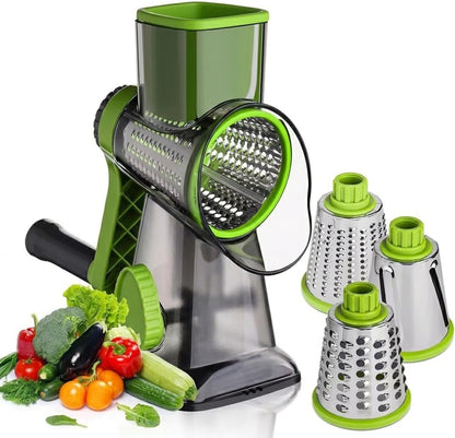 Rotary Cheese Grater with 3 Stainless Steel Blades – Manual Cheese, Vegetable, Nuts Slicer & Shredder with Strong Suction Base, Round mandoline slicer & Food Chopper - Hand Crank Grater with Handle