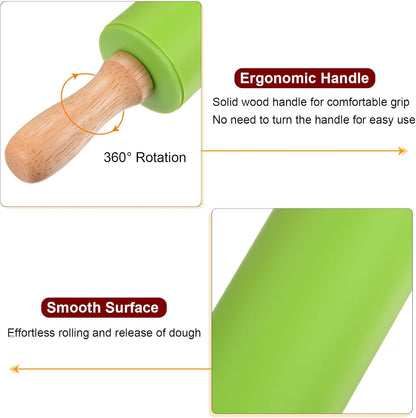 HARFINGTON Silicone Rolling Pins for Baking 12.2 Inch Non-Stick Silicone Surface Wooden Handle Rolling Pin Small Roller Playdough Rolling Pins for Fondant Kitchen Dough Pizza, Green
