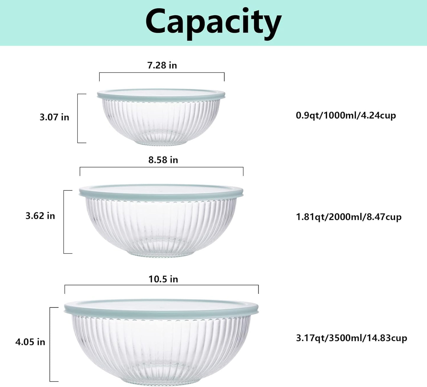 WhiteRhino Glass Mixing Bowls Glass Bowls with Lids Set(4.5QT,2.7QT, 1.1QT),Large Salad Bowls,glass mixing bowl Space-Saving Nesting Storage bowls for Cooking,Baking,Prepping,Dishwasher Safe