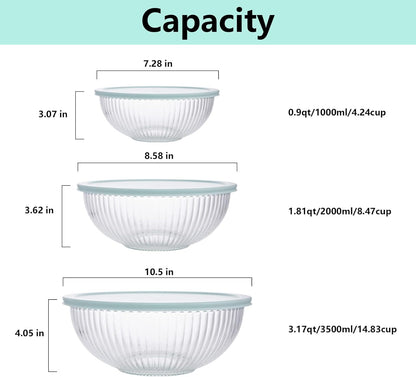 WhiteRhino Glass Mixing Bowls Glass Bowls with Lids Set(4.5QT,2.7QT, 1.1QT),Large Salad Bowls,glass mixing bowl Space-Saving Nesting Storage bowls for Cooking,Baking,Prepping,Dishwasher Safe